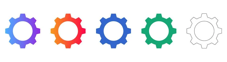 Gear Icon Set in Multiple Colors and Outline Style Stock Illustration