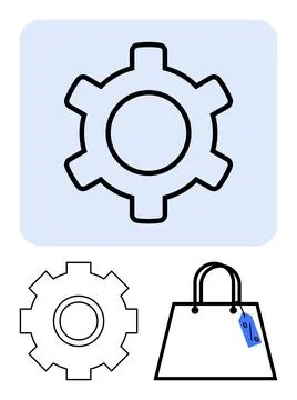 Gear icon signifies system optimization, paired with a shopping bag with a di Stockillustratie