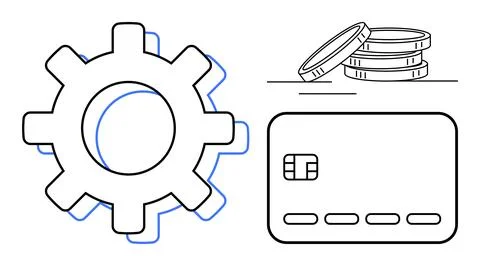 Gear icon, stack of coins, credit card. Ideal for financial services, banking Stock Illustration