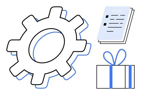Gear icon, stack of documents with checkmarks, and a gift box with a bow. Ide 库存插图
