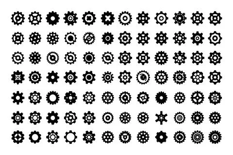 Gear icon vector set, black cogwheel vector collection, mechanical gear Stock Illustration
