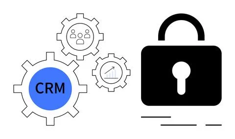 Gear icons representing CRM, analytics, and customer relationships alongside  Illustrazione stock