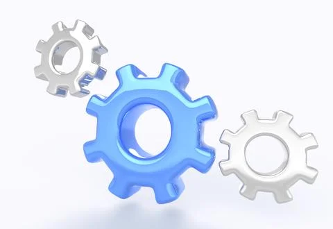 Gear icons on white background, 3D render. Metal and blue engine cogs, setting Stock Illustration