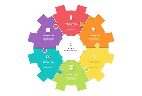 Gear infographic template with 6 steps business process vector. Stock Illustration