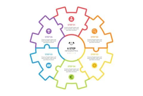 Gear infographic template with 6 steps business process vector. Can be use .. Stock Illustration