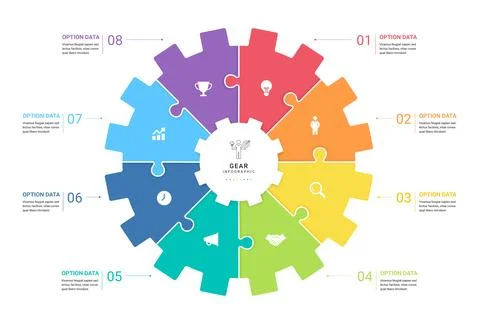 Gear infographic template with 8 steps business process vector. Can be use .. Stock Illustration