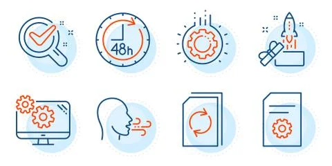 Gear, Innovation and Update document icons set. Breathing exercise, File Stock Illustration