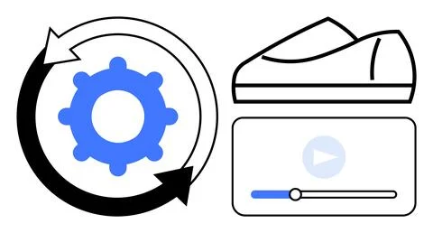 Gear inside circular arrows next to shoe design outline and video tutorial pl 스톡 일러스트