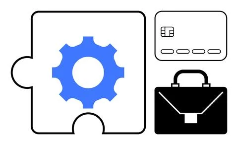 Gear inside puzzle piece alongside credit card and briefcase illustrating bus Stock Illustration