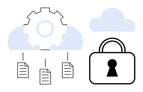 Gear integrated into cloud linking to documents, large padlock beside another 库存插图