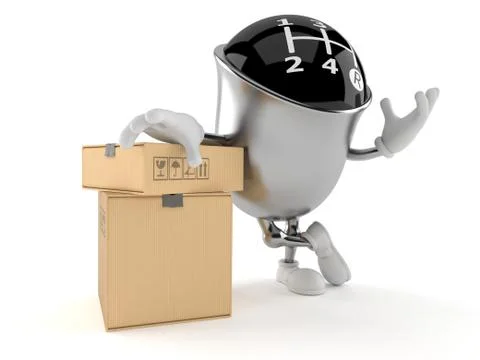Gear knob character with stack of boxes Illustrazione stock