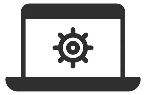 Gear on laptop screen black icon. Computer proccess Stock Illustration