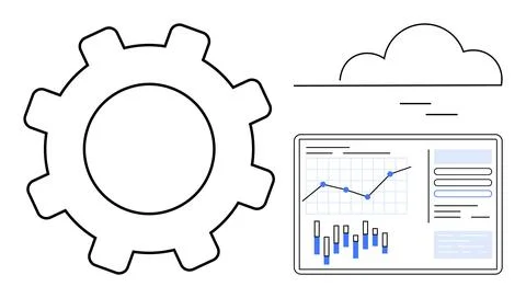 Gear with large cog, stylized cloud, and data dashboard with blue-themed grap 库存插图