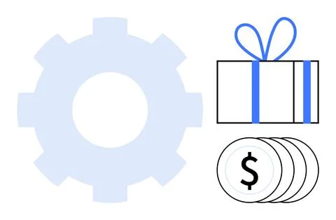 Gear in light blue, gift box with blue ribbon, and stack of dollar coins. Ide イラスト素材