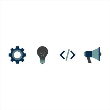 Gear lightbulb code megaphone icons four simple graphics representing busin.. 库存插图