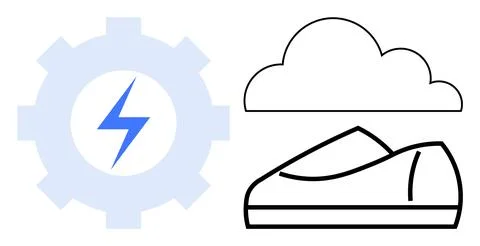 Gear with lightning bolt inside, cloud outline, and shoe icon represent energ 스톡 일러스트