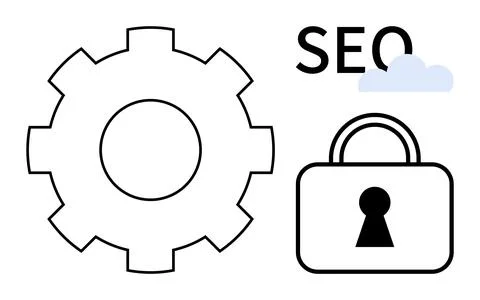 Gear, Lock, and SEO Text Highlighting Website Optimization and Security Ilustración de archivo