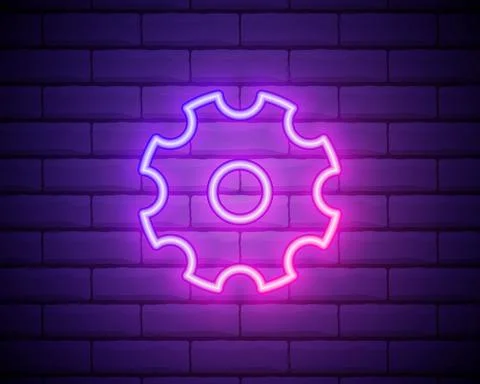 Gear, maintenance. Pink neon vector icon. Glowing gear symbol isolated on bri Stock Illustration