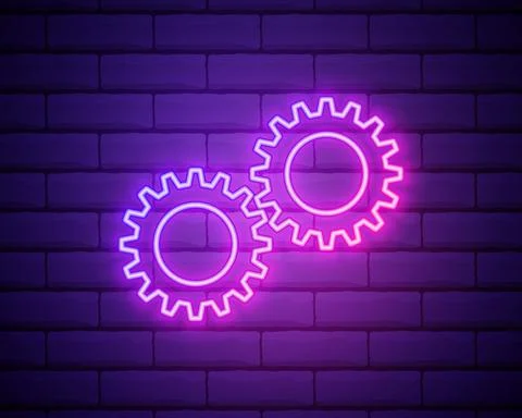 Gear, maintenance. Pink neon vector icon. Glowing gear symbol isolated on bri Stock Illustration