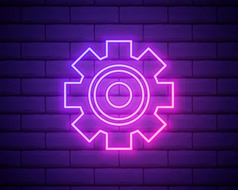 Gear, maintenance. Pink neon vector icon. Glowing gear symbol isolated on bri Illustrazione stock