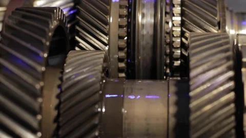 Gear mechanism process Rotating gears. works from within. movable gearbox.  Stock Footage 239474609