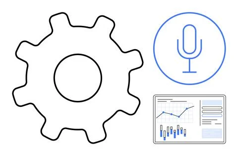 Gear, Microphone, and Data Analytics Chart Representing Technology and Comm.. Illustrazione stock