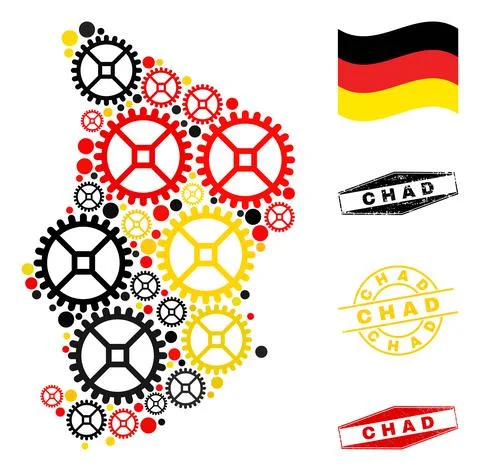 Gear Mosaic Chad Map in German Flag Colors and Grunge Stamps イラスト素材