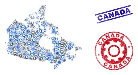 Gear Mosaic Vector Canada Map and Grunge Stamps Illustrazione stock