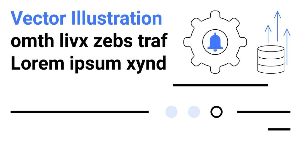 Gear with notification bell, database stack with upward arrows, text blocks,  Illustrazione stock