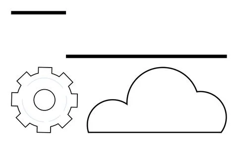 Gear outline on left with cloud outline on right, horizontal lines above. Ide Illustrazione stock