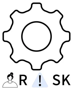 Gear outline, warning triangle, text RISK, silhouetted person. Ideal for busi Stock Illustration