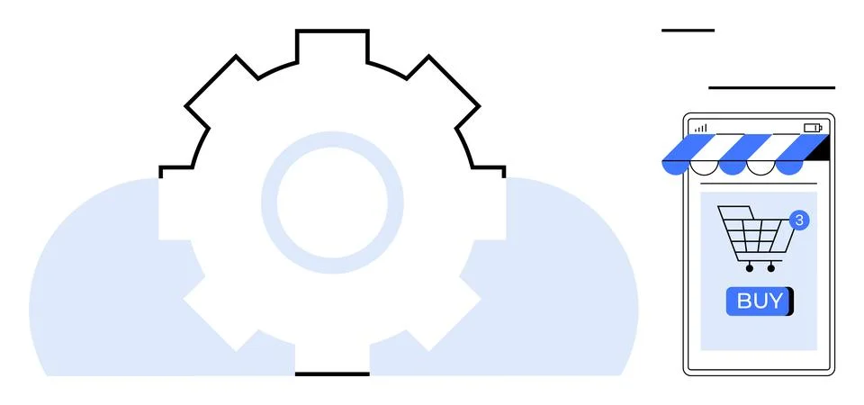Gear over cloud icon, mobile device with shopping cart and buy button. Ideal  스톡 일러스트