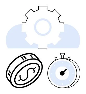 Gear overlapped with cloud, coin with dollar sign, stopwatch, emphasizing eff Illustrazione stock