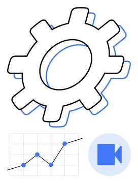 Gear with overlapping outlines, rising line graph, and video call icon symbol Stock Illustration