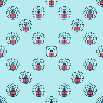 Gear with PC Bug colored seamless pattern - Computer Virus vector background Stock Illustration
