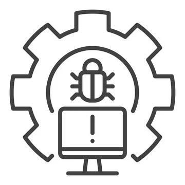 Gear with PC Bug line icon - Computer Virus vector outline sign or symbol 스톡 일러스트
