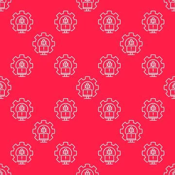 Gear with PC Bug line seamless pattern - Computer Virus vector outline back.. Stock Illustration