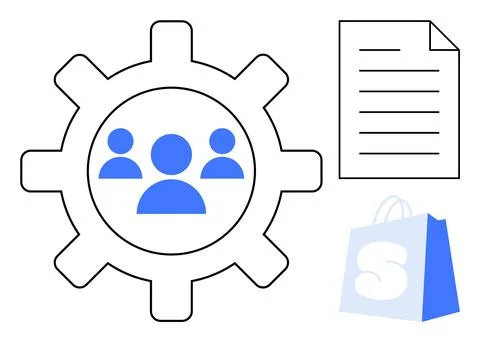 Gear with people inside, a document, and shopping bag symbols in blue highlig Illustrazione stock