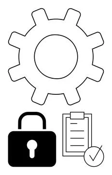 Gear for process, lock for security, and checklist with checkmark for verific Stock Illustration