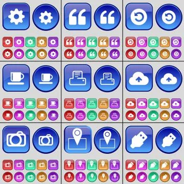 Gear, Quotation mark, Reload, Cup, Printer, Cloud, Camera, Checkpoint, USB. A la Stock Illustration