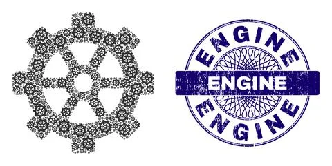 Gear Recursion Collage of Gear Items and Distress Engine Round Guilloche Seal 库存插图