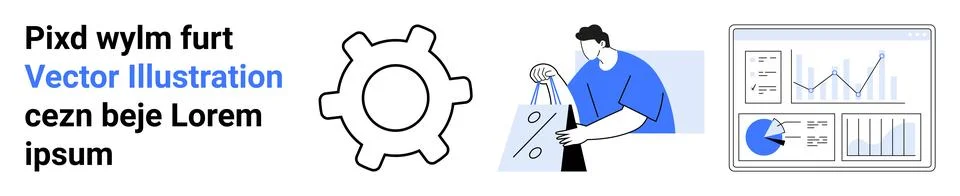 Gear represents settings, a developer adjusts code, and various charts displa Stock Illustration