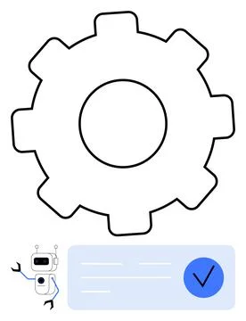 Gear with Robot, Checkmark, and Text Box, Representing Automation and Validation Stock Illustration