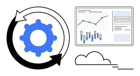Gear with rotating arrows, data charts with graphs and bar diagrams, cloud. I イラスト素材