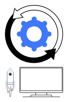 Gear rotating within cycle arrows with a rocket launching beside a computer.. Stock-Illustration