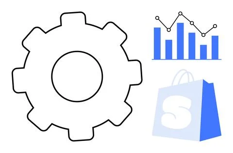 Gear shape, bar chart with dots, and shopping bag with letter S. Ideal for bu Stock Illustration