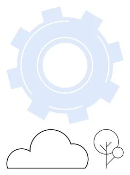 Gear shape in light blue, black cloud, and tree outlines. Ideal for technolog Stock Illustration
