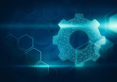 Gear shaped network on hexagonal background with cosmic light flares Stock Illustration