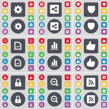 Gear, Share, Badge, Graph file, Diagram, Like, Lock, Minus, RSS icon symbol. A l Illustrazione stock