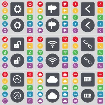 Gear, Signpost, Arrow left, Lock, Wi-Fi, Link, Arrow up, Cloud, Sell icon symbol Stock Illustration